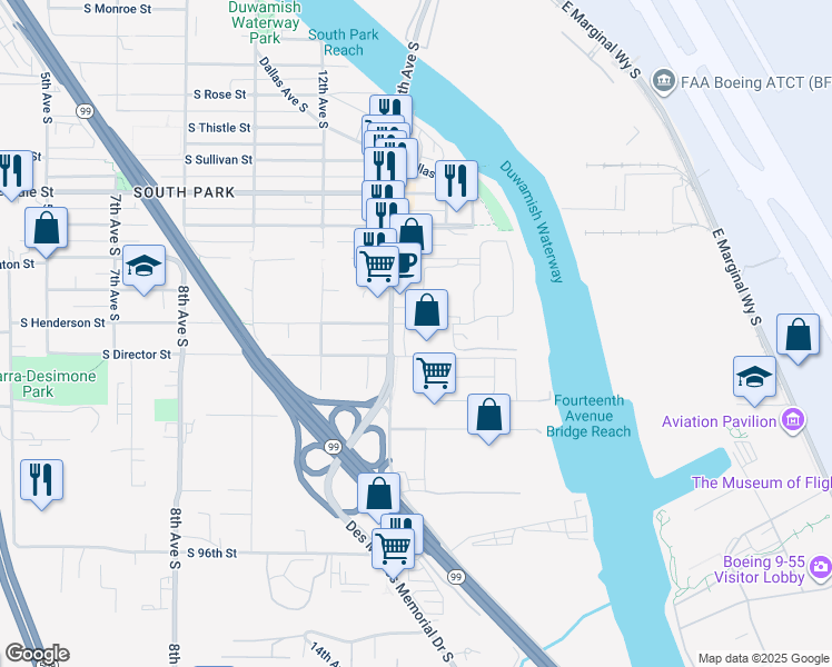 map of restaurants, bars, coffee shops, grocery stores, and more near 9004 14th Avenue South in Seattle