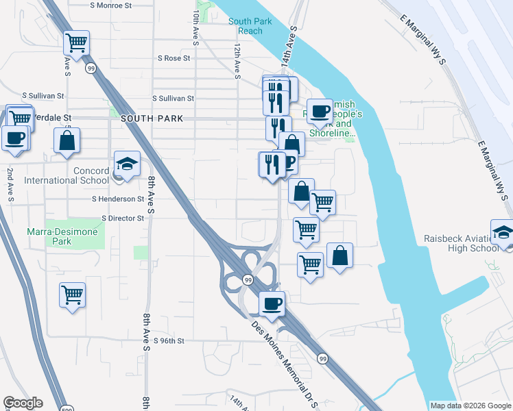 map of restaurants, bars, coffee shops, grocery stores, and more near 1237 South Henderson Street in Seattle