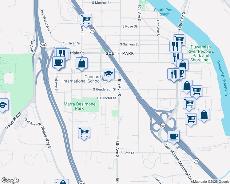 map of restaurants, bars, coffee shops, grocery stores, and more near 747 South Henderson Street in Seattle