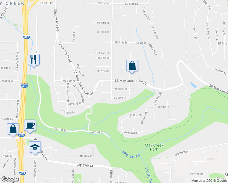 map of restaurants, bars, coffee shops, grocery stores, and more near 11605 Southeast 89th Street in Newcastle