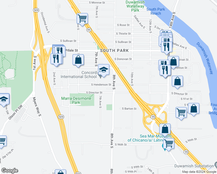 map of restaurants, bars, coffee shops, grocery stores, and more near 741 South Henderson Street in Seattle