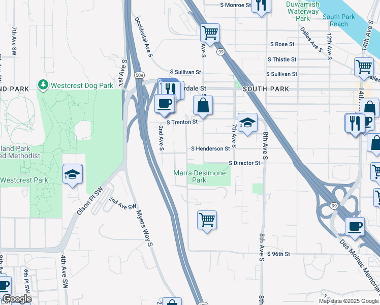 map of restaurants, bars, coffee shops, grocery stores, and more near 401 South Henderson Street in Seattle