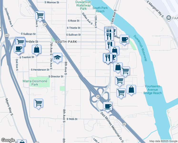 map of restaurants, bars, coffee shops, grocery stores, and more near 1033 Duwamish Trail in Seattle