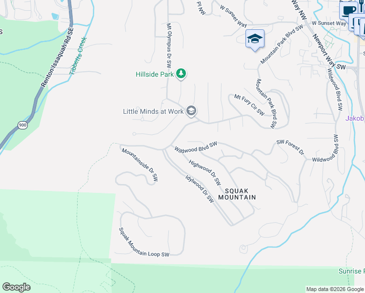 map of restaurants, bars, coffee shops, grocery stores, and more near 1555 Wildwood Boulevard Southwest in Issaquah