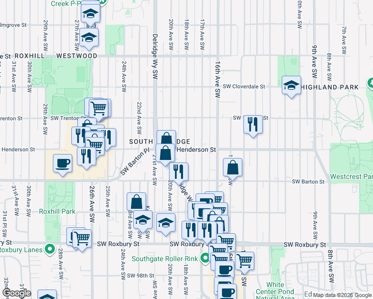 map of restaurants, bars, coffee shops, grocery stores, and more near 18th Avenue Southwest & Southwest Henderson Street in Seattle