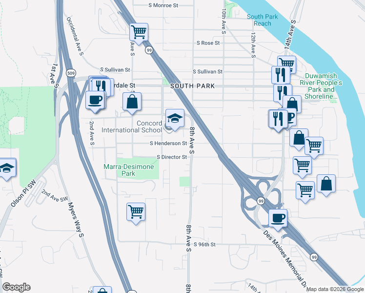 map of restaurants, bars, coffee shops, grocery stores, and more near 741 South Henderson Street in Seattle