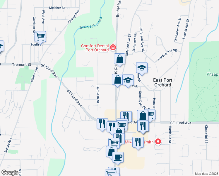 map of restaurants, bars, coffee shops, grocery stores, and more near 1590 Southeast Lundberg Road in Port Orchard