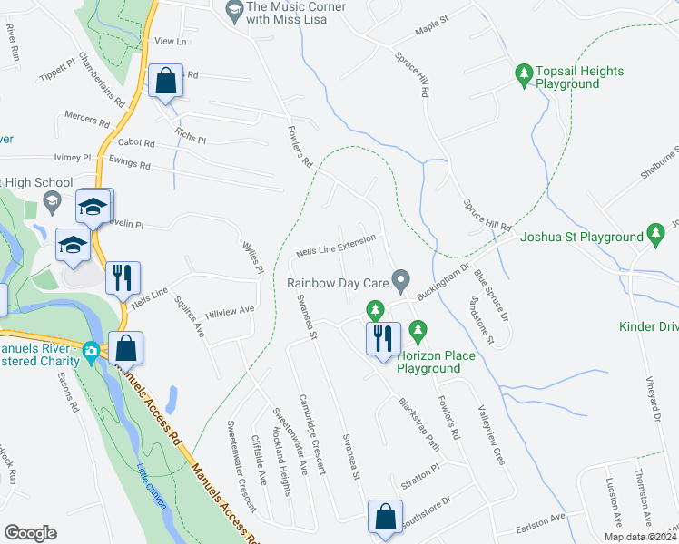 map of restaurants, bars, coffee shops, grocery stores, and more near 10 Quartz Place in Conception Bay South