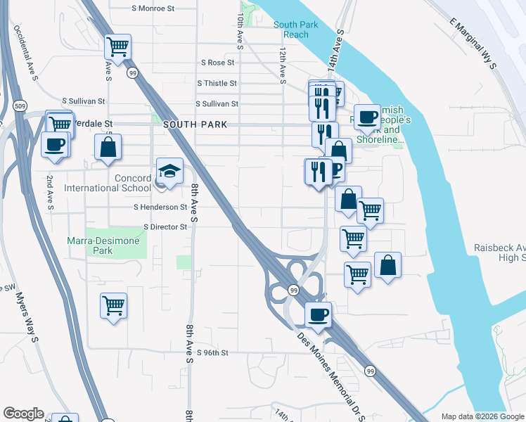 map of restaurants, bars, coffee shops, grocery stores, and more near 1033 Duwamish Trail in Seattle
