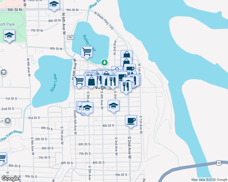 map of restaurants, bars, coffee shops, grocery stores, and more near 302 Chestnut Street in Virginia
