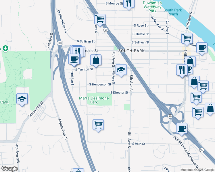map of restaurants, bars, coffee shops, grocery stores, and more near 539 South Henderson Street in Seattle