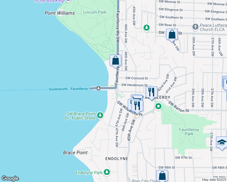 map of restaurants, bars, coffee shops, grocery stores, and more near 9001 Fauntleroy Way Southwest in Seattle