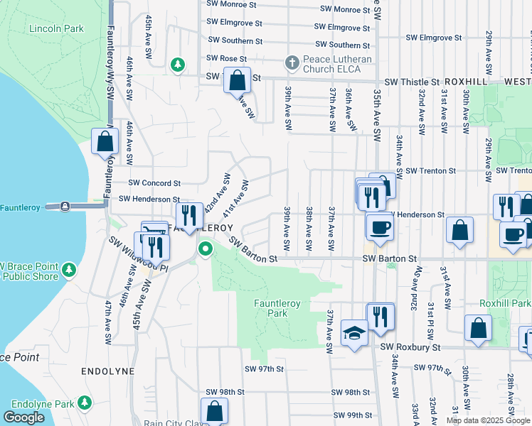 map of restaurants, bars, coffee shops, grocery stores, and more near 4000 Southwest Henderson Street in Seattle