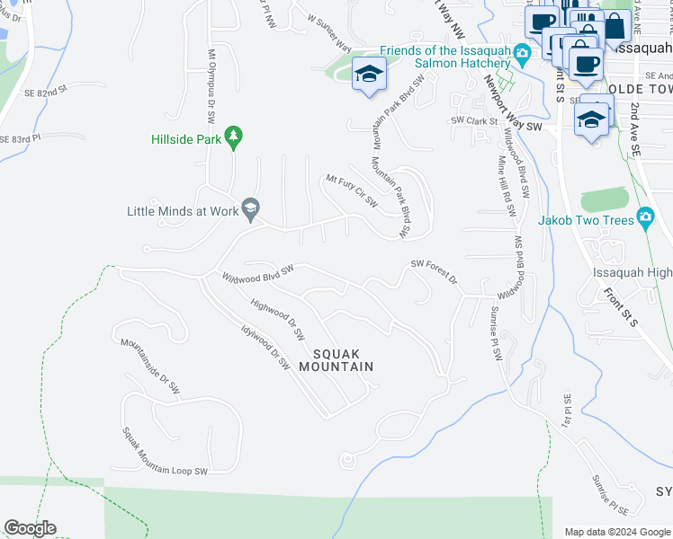 map of restaurants, bars, coffee shops, grocery stores, and more near 1255 Wildwood Boulevard Southwest in Issaquah