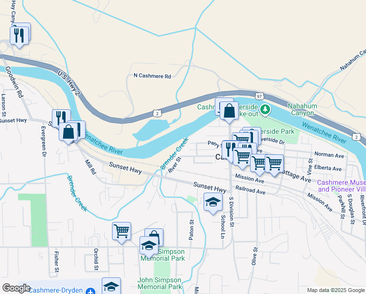 map of restaurants, bars, coffee shops, grocery stores, and more near 312 River Street in Cashmere