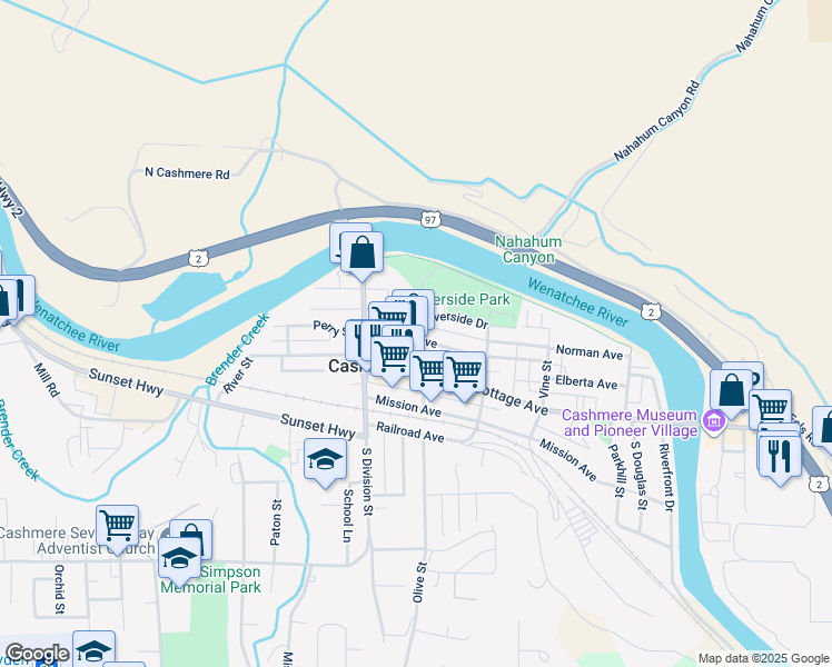 map of restaurants, bars, coffee shops, grocery stores, and more near 121 Elberta Avenue in Cashmere