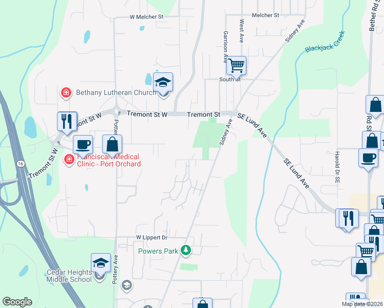 map of restaurants, bars, coffee shops, grocery stores, and more near 245 Poplar Street in Port Orchard