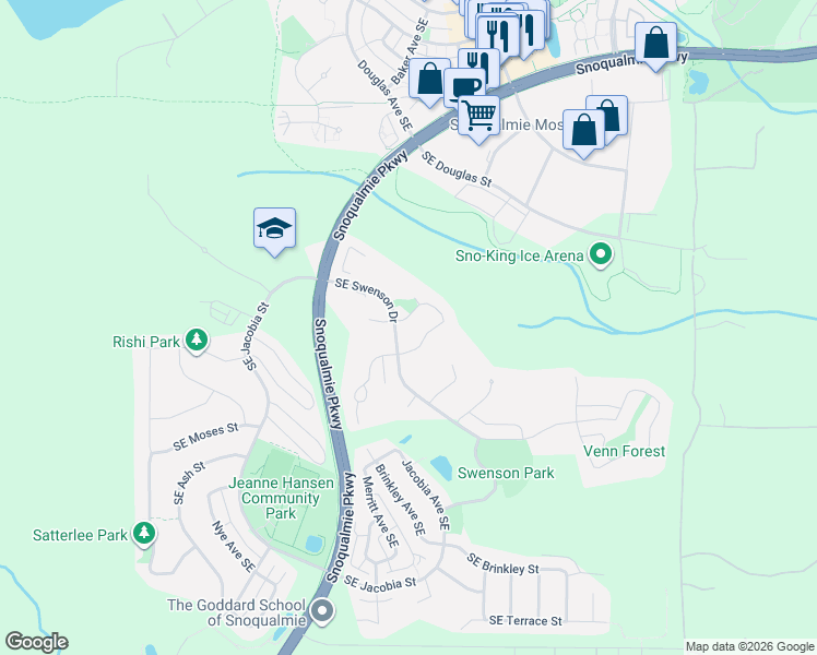 map of restaurants, bars, coffee shops, grocery stores, and more near 34729 Southeast Bybee Street in Snoqualmie