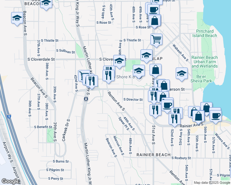 map of restaurants, bars, coffee shops, grocery stores, and more near 4525 South Henderson Street in Seattle