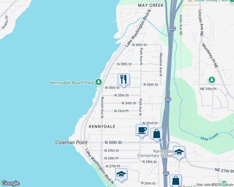 map of restaurants, bars, coffee shops, grocery stores, and more near 1008 North 35th Street in Renton
