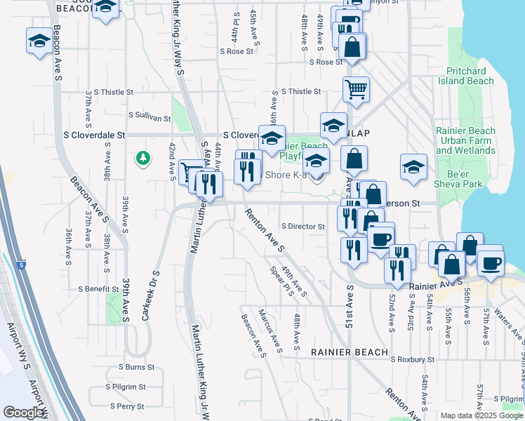 map of restaurants, bars, coffee shops, grocery stores, and more near 4525 South Henderson Street in Seattle