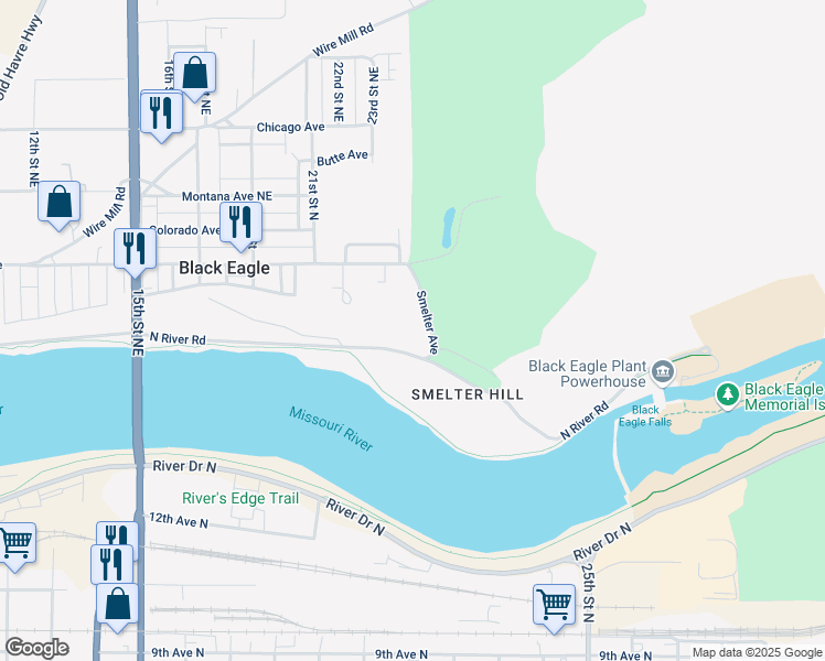 map of restaurants, bars, coffee shops, grocery stores, and more near 2398 Smelter Avenue in Black Eagle