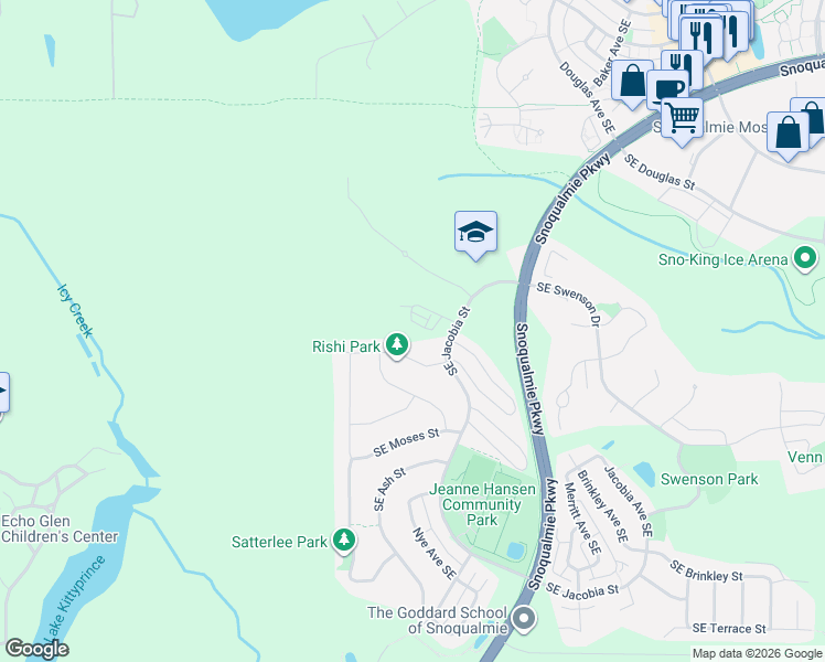 map of restaurants, bars, coffee shops, grocery stores, and more near 34209 Southeast Compass Street in Snoqualmie