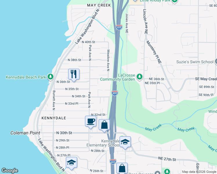 map of restaurants, bars, coffee shops, grocery stores, and more near 3503 Meadow Avenue North in Renton