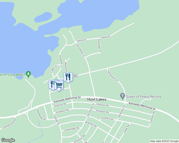 map of restaurants, bars, coffee shops, grocery stores, and more near 910 Dorchester Drive in Hoyt Lakes