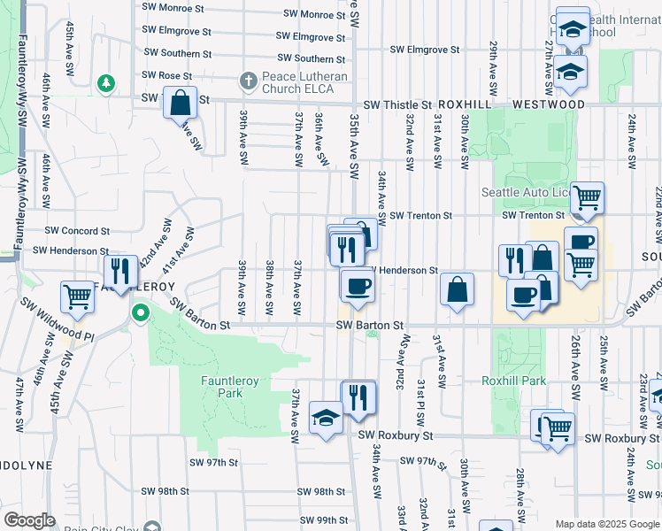 map of restaurants, bars, coffee shops, grocery stores, and more near 3520 Southwest Henderson Street in Seattle