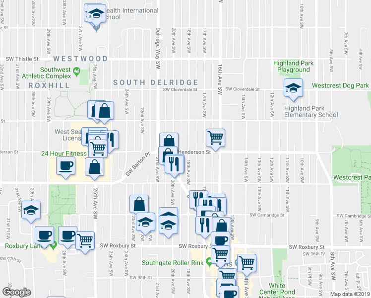 map of restaurants, bars, coffee shops, grocery stores, and more near 8859 18th Avenue Southwest in Seattle