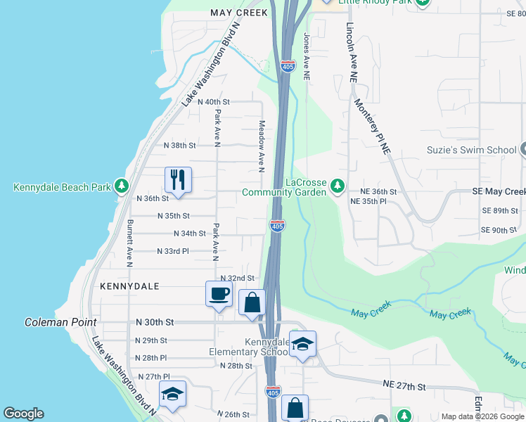 map of restaurants, bars, coffee shops, grocery stores, and more near 3503 Meadow Avenue North in Renton
