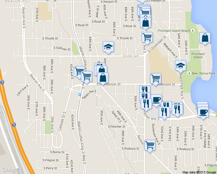 map of restaurants, bars, coffee shops, grocery stores, and more near 4525 South Henderson Street in Seattle