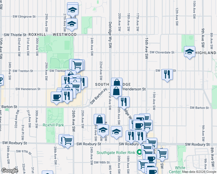 map of restaurants, bars, coffee shops, grocery stores, and more near 8849 Delridge Way Southwest in Seattle
