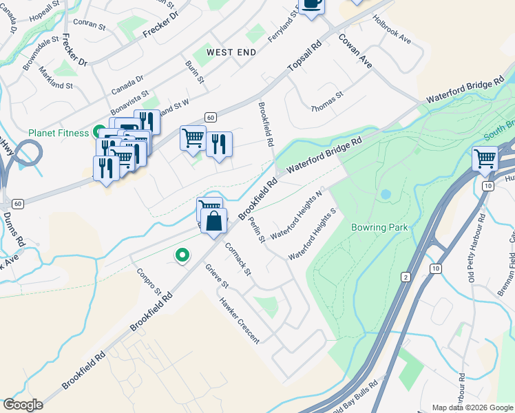 map of restaurants, bars, coffee shops, grocery stores, and more near 71 Brookfield Road in St. John's