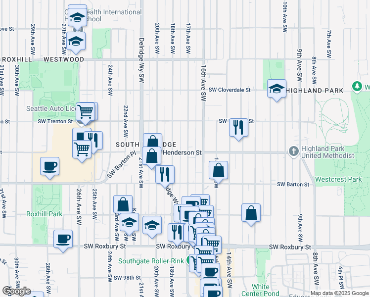 map of restaurants, bars, coffee shops, grocery stores, and more near 1700 SW Henderson St in Seattle
