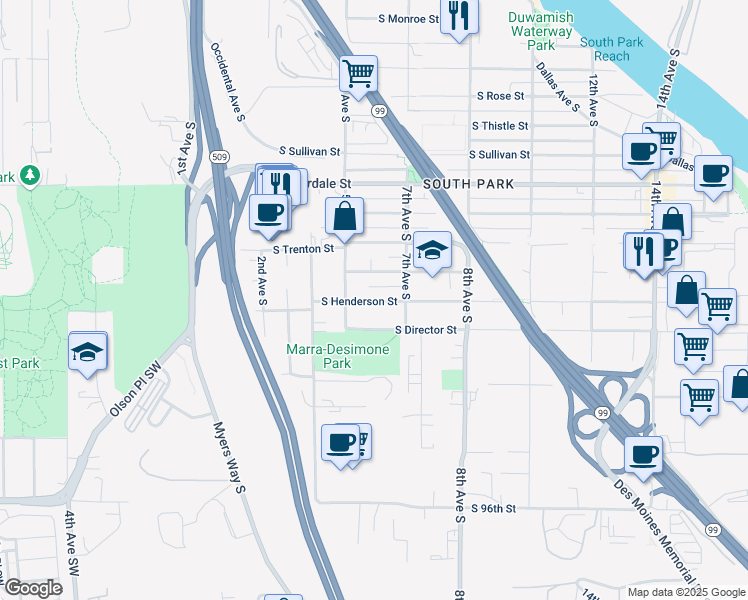map of restaurants, bars, coffee shops, grocery stores, and more near 539 South Henderson Street in Seattle