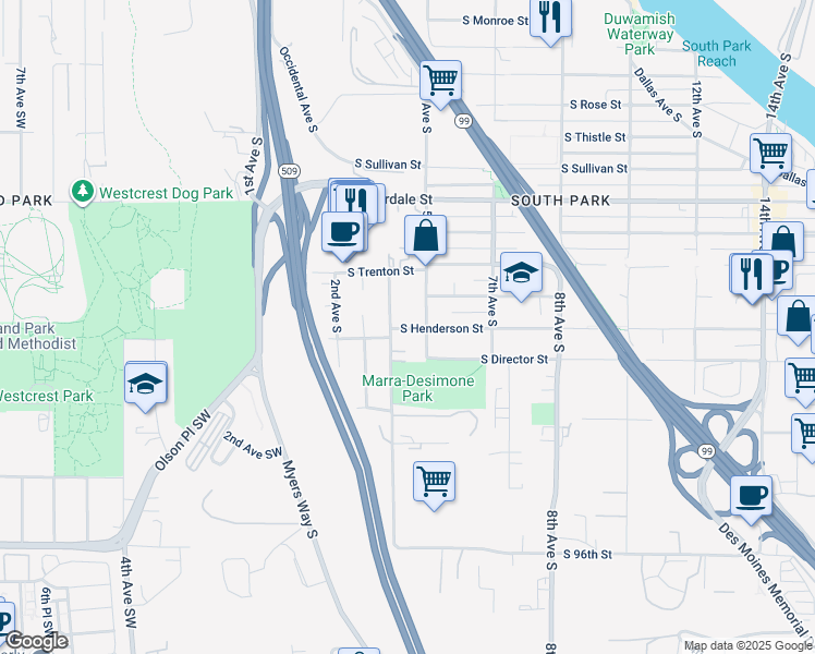 map of restaurants, bars, coffee shops, grocery stores, and more near 401 South Henderson Street in Seattle