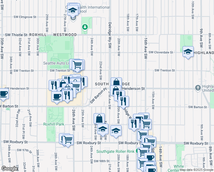 map of restaurants, bars, coffee shops, grocery stores, and more near 8857 Delridge Way Southwest in Seattle