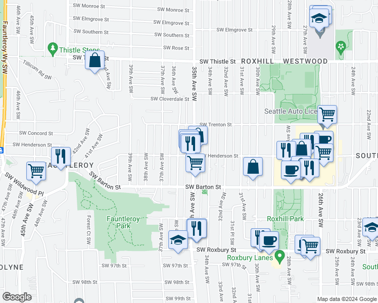 map of restaurants, bars, coffee shops, grocery stores, and more near 3520 Southwest Henderson Street in Seattle