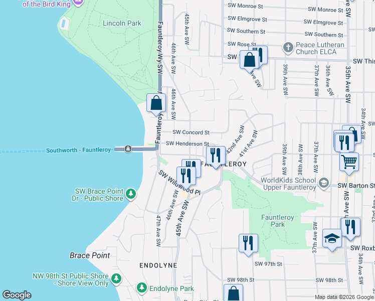 map of restaurants, bars, coffee shops, grocery stores, and more near 4518 Southwest Director Street in Seattle