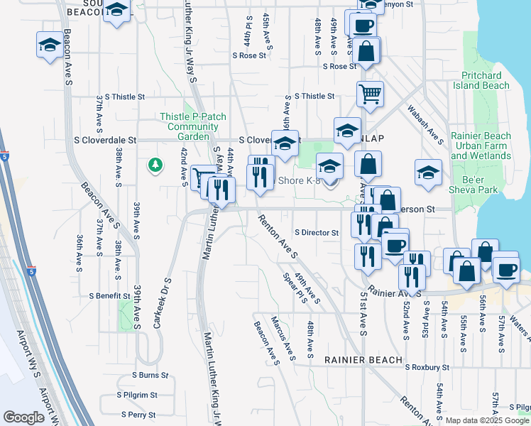 map of restaurants, bars, coffee shops, grocery stores, and more near 4525 South Henderson Street in Seattle
