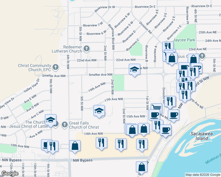 map of restaurants, bars, coffee shops, grocery stores, and more near 201 18th Avenue Northwest in Great Falls