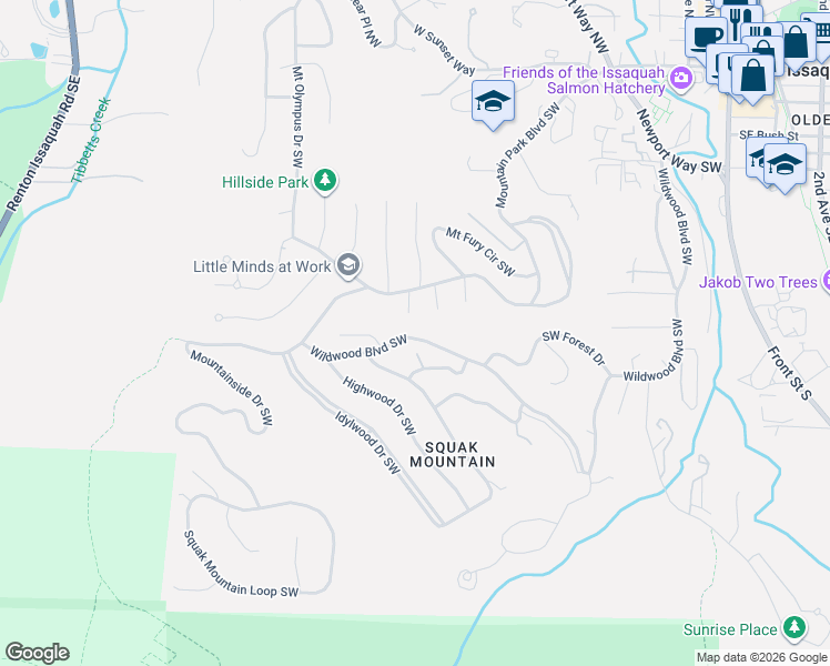 map of restaurants, bars, coffee shops, grocery stores, and more near 1370 Wildwood Boulevard Southwest in Issaquah