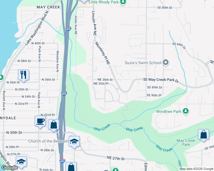 map of restaurants, bars, coffee shops, grocery stores, and more near 2005 Northeast 35th Place in Renton