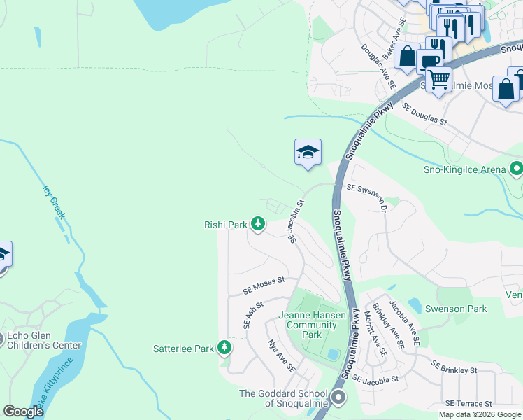 map of restaurants, bars, coffee shops, grocery stores, and more near 8611 Summit Avenue Southeast in Snoqualmie