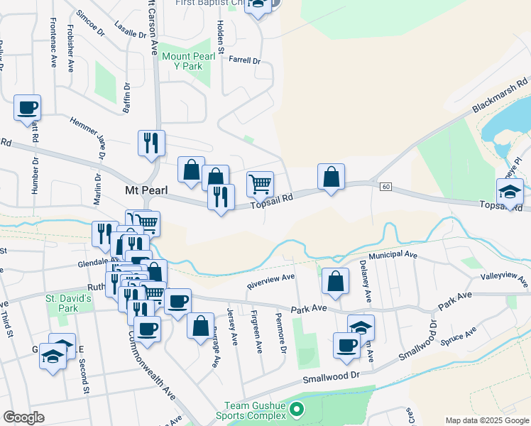 map of restaurants, bars, coffee shops, grocery stores, and more near Forsey Place in Mount Pearl
