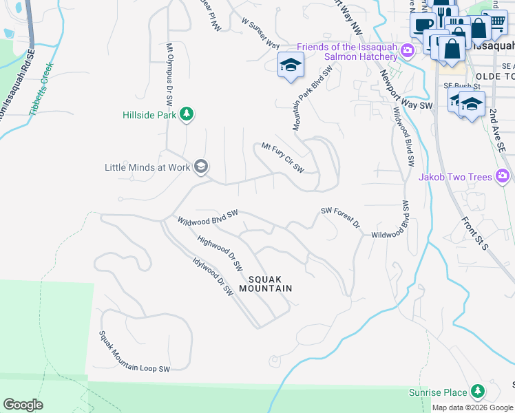 map of restaurants, bars, coffee shops, grocery stores, and more near 1255 Wildwood Boulevard Southwest in Issaquah