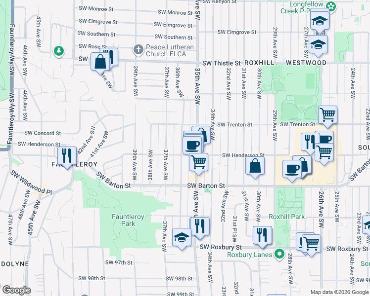 map of restaurants, bars, coffee shops, grocery stores, and more near 8844 36th Avenue Southwest in Seattle