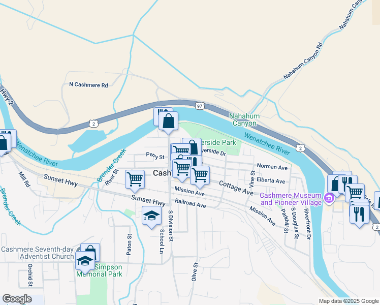 map of restaurants, bars, coffee shops, grocery stores, and more near 121 Elberta Avenue in Cashmere